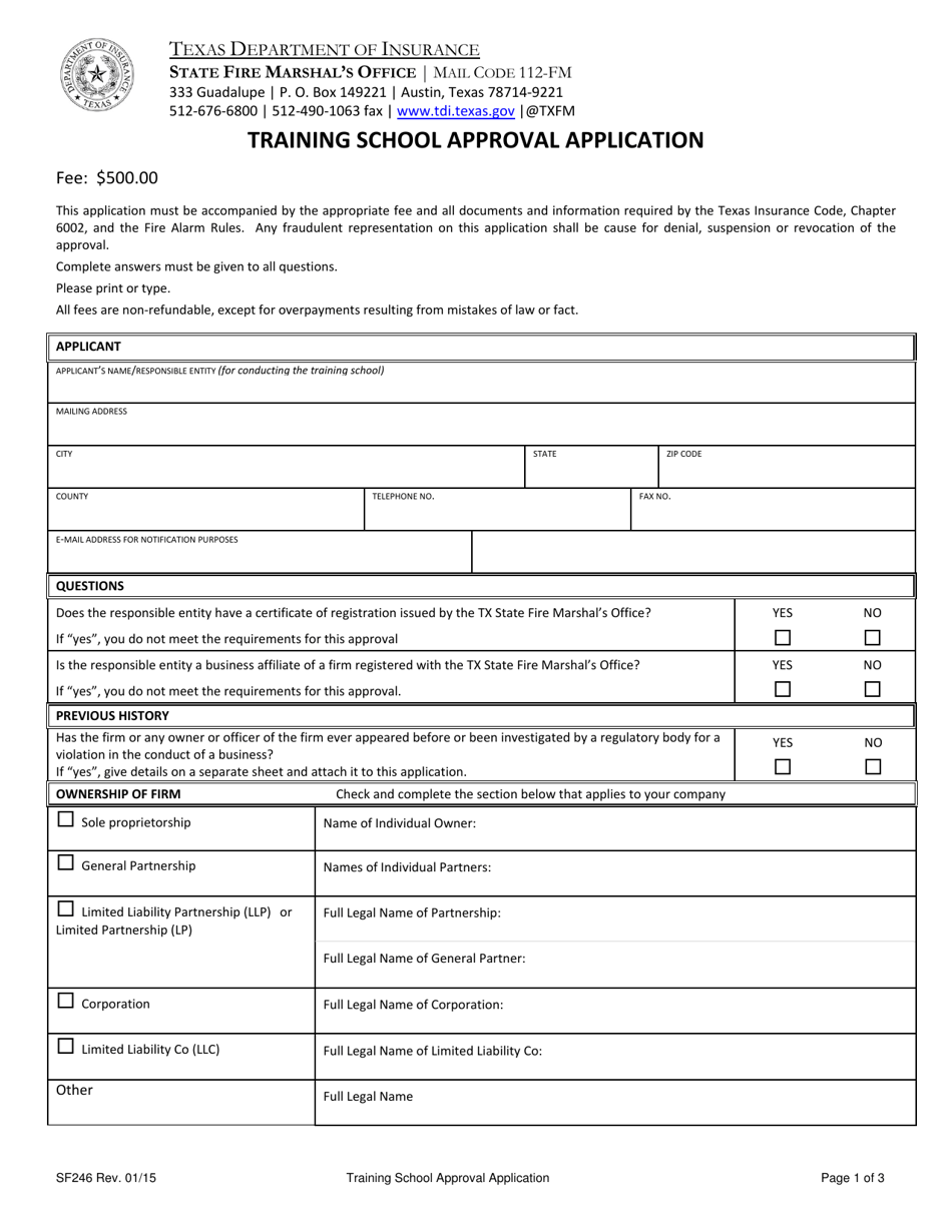 Form SF246 Training School Approval Application - Texas, Page 1