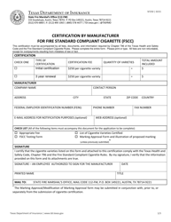 Form SF250 Certification by Manufacturer or Fire Standard Compliant Cigarette (Fscc) - Texas