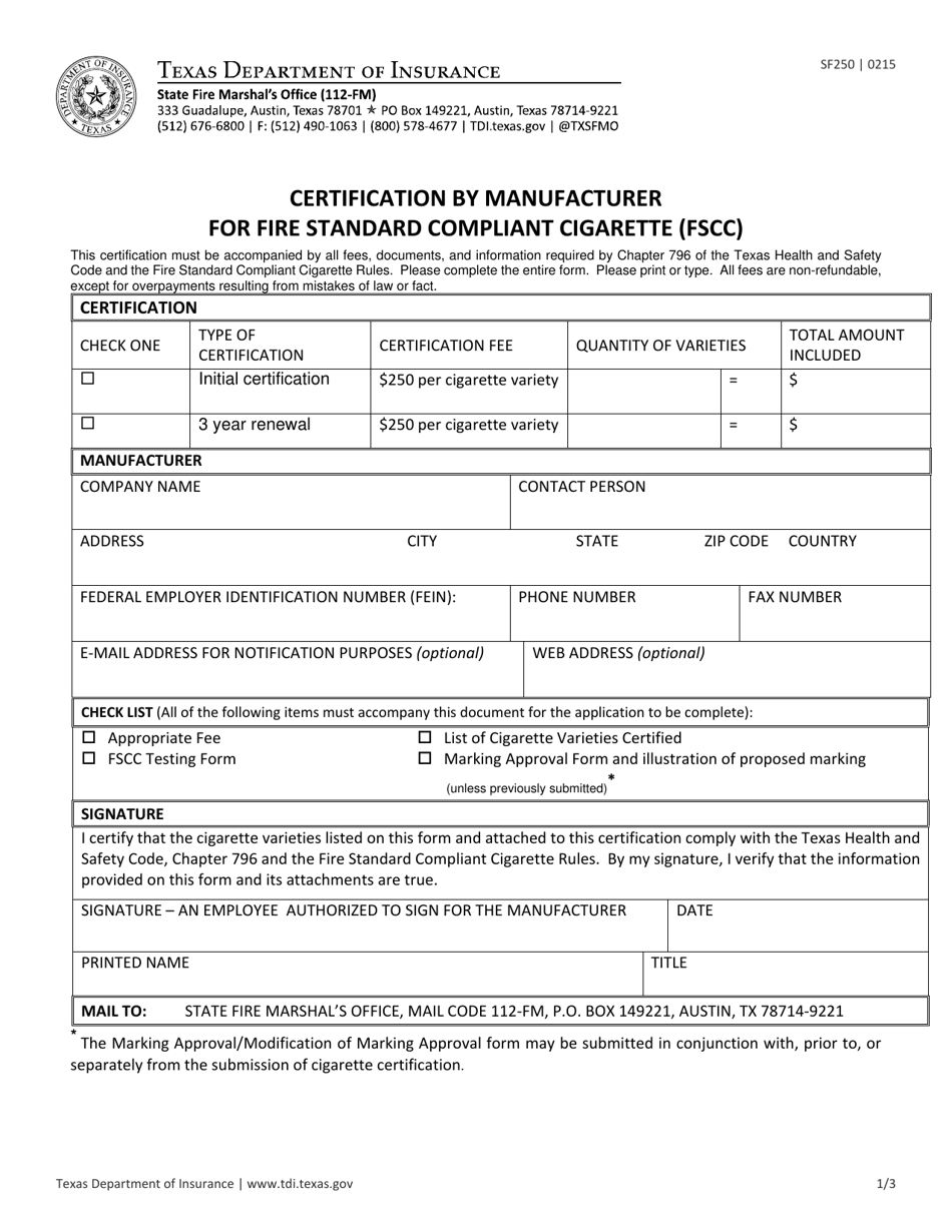 Form SF250 Certification by Manufacturer or Fire Standard Compliant Cigarette (Fscc) - Texas, Page 1