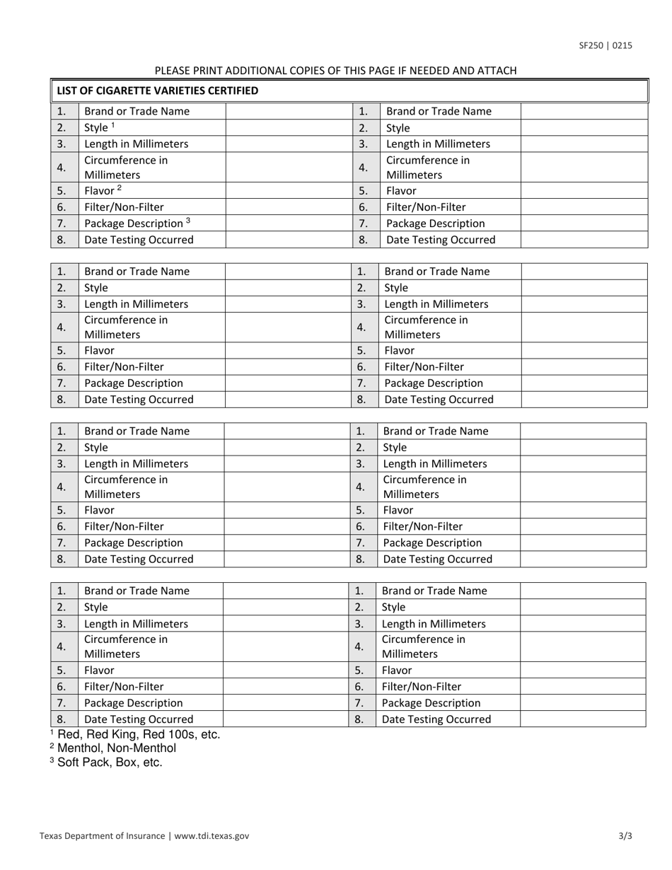 Form SF250 Certification by Manufacturer or Fire Standard Compliant Cigarette (Fscc) - Texas, Page 3