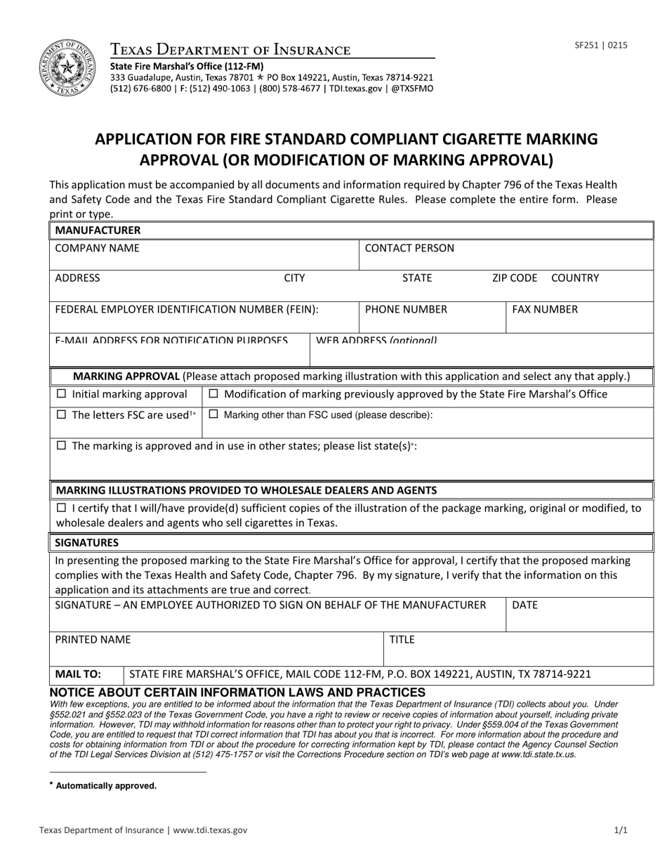Form SF251 Application for Fire Standard Compliant Cigarette Marking Approval (Or Modification of Marking Approval) - Texas, Page 1