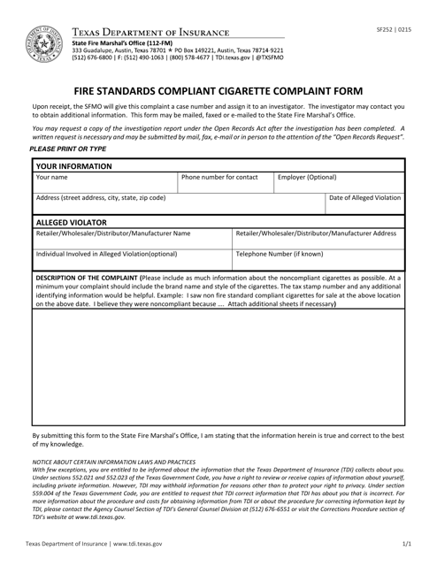 Form SF252 Fire Standards Compliant Cigarette Complaint Form - Texas