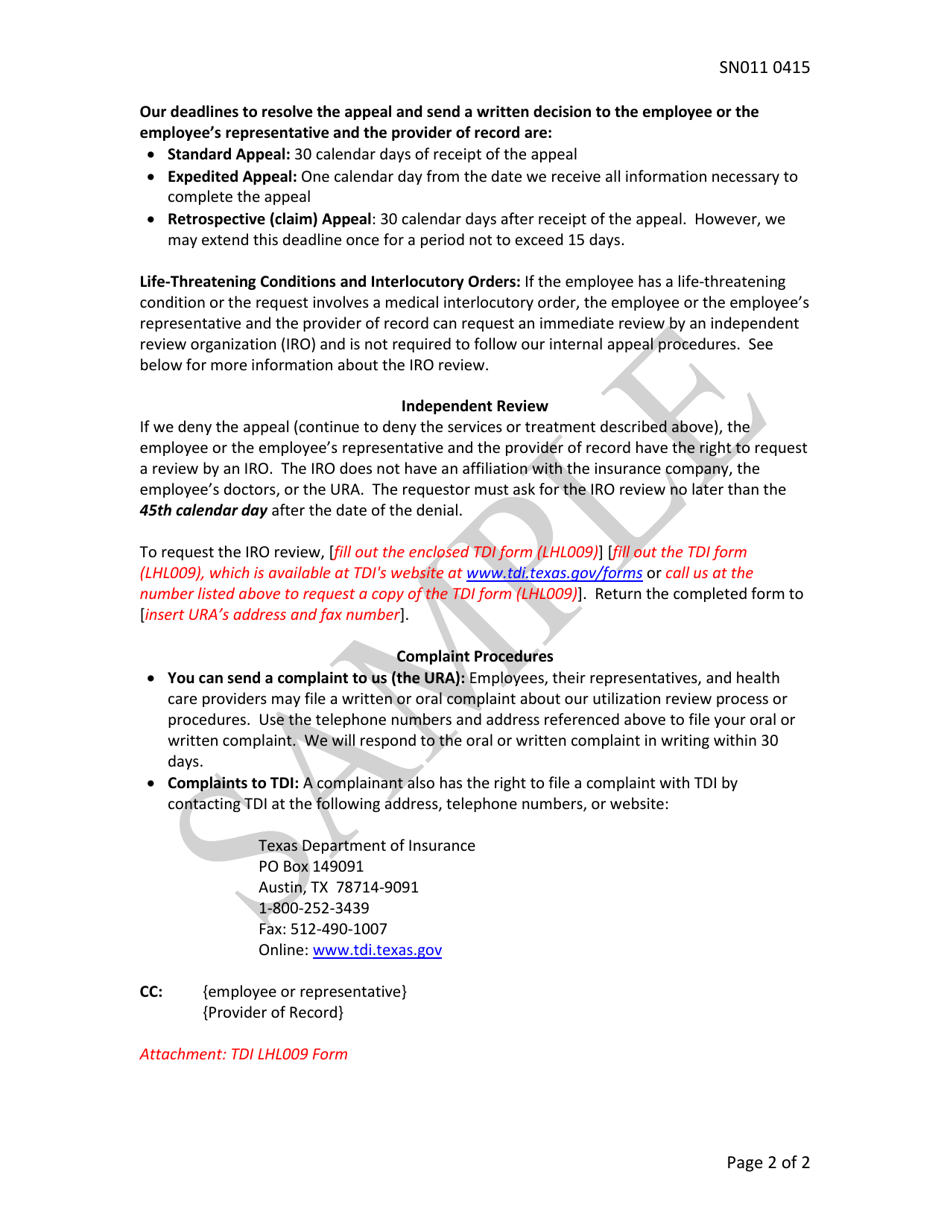 Sample Form SN011 Notice of Adverse Determination - Wc Network - Texas, Page 2