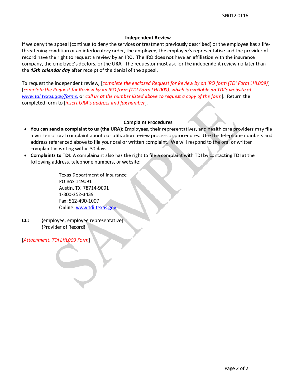 Sample Form SN012 Notice of Adverse Determination - Wc Non-network - Texas, Page 2