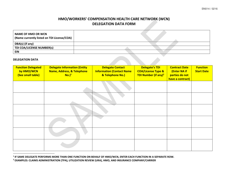 Sample Form SN014 HMO / Workers Compensation Health Care Network (Wcn) Delegation Data Form - Texas, Page 1