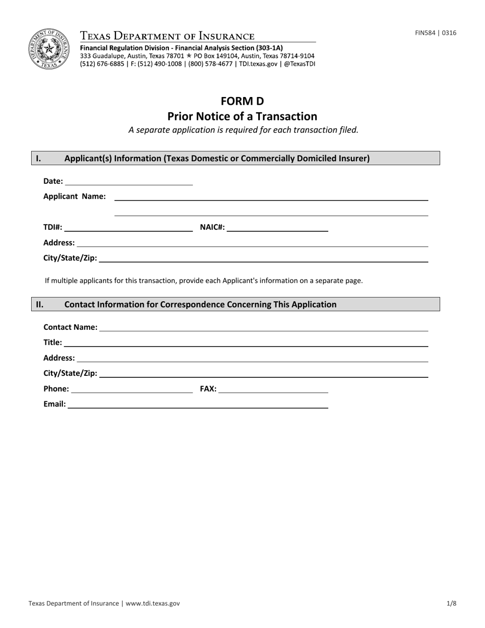 Form FIN584 (D) Prior Notice of a Transaction - Texas, Page 1