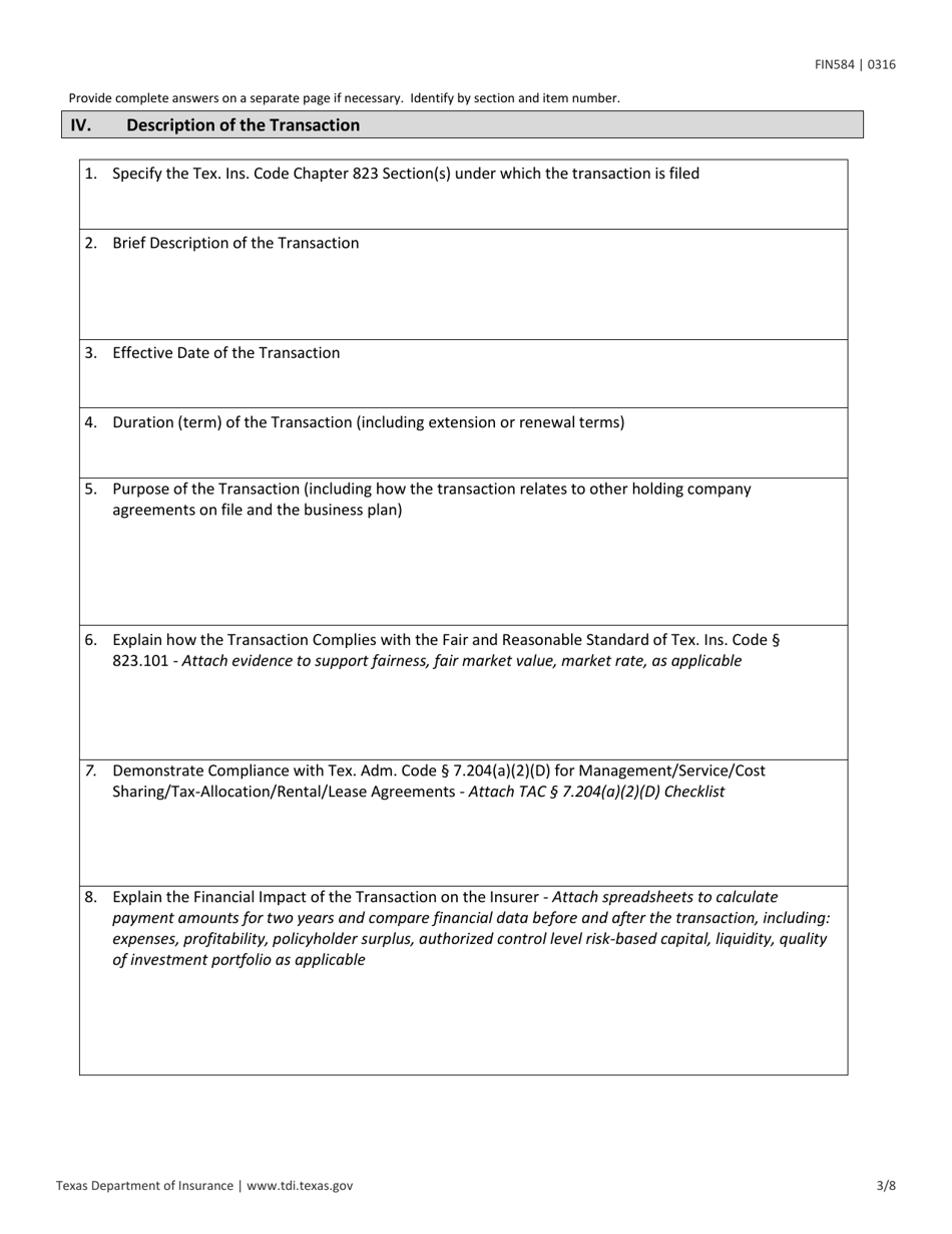 Form FIN584 (D) Prior Notice of a Transaction - Texas, Page 3