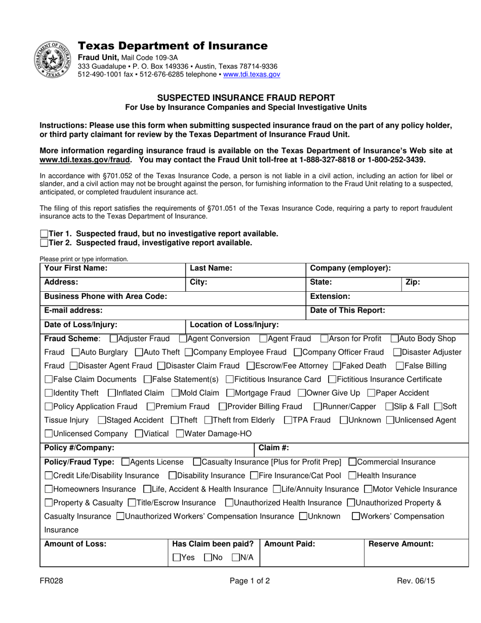 Form FR028 Suspected Insurance Fraud Report - Texas, Page 1