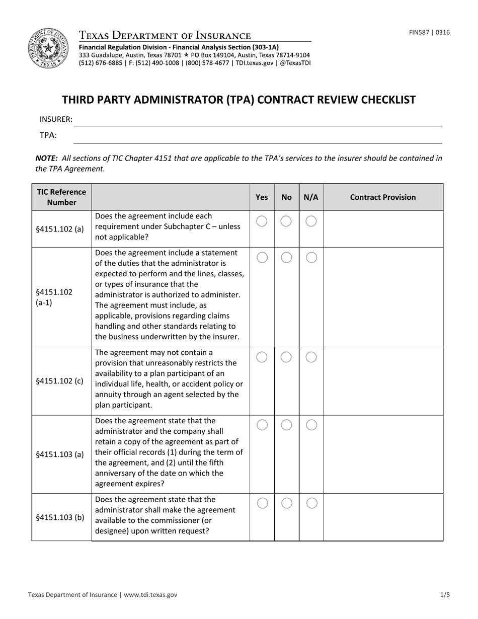 Form FIN587 Third Party Administrator (Tpa) Contract Review Checklist - Texas, Page 1