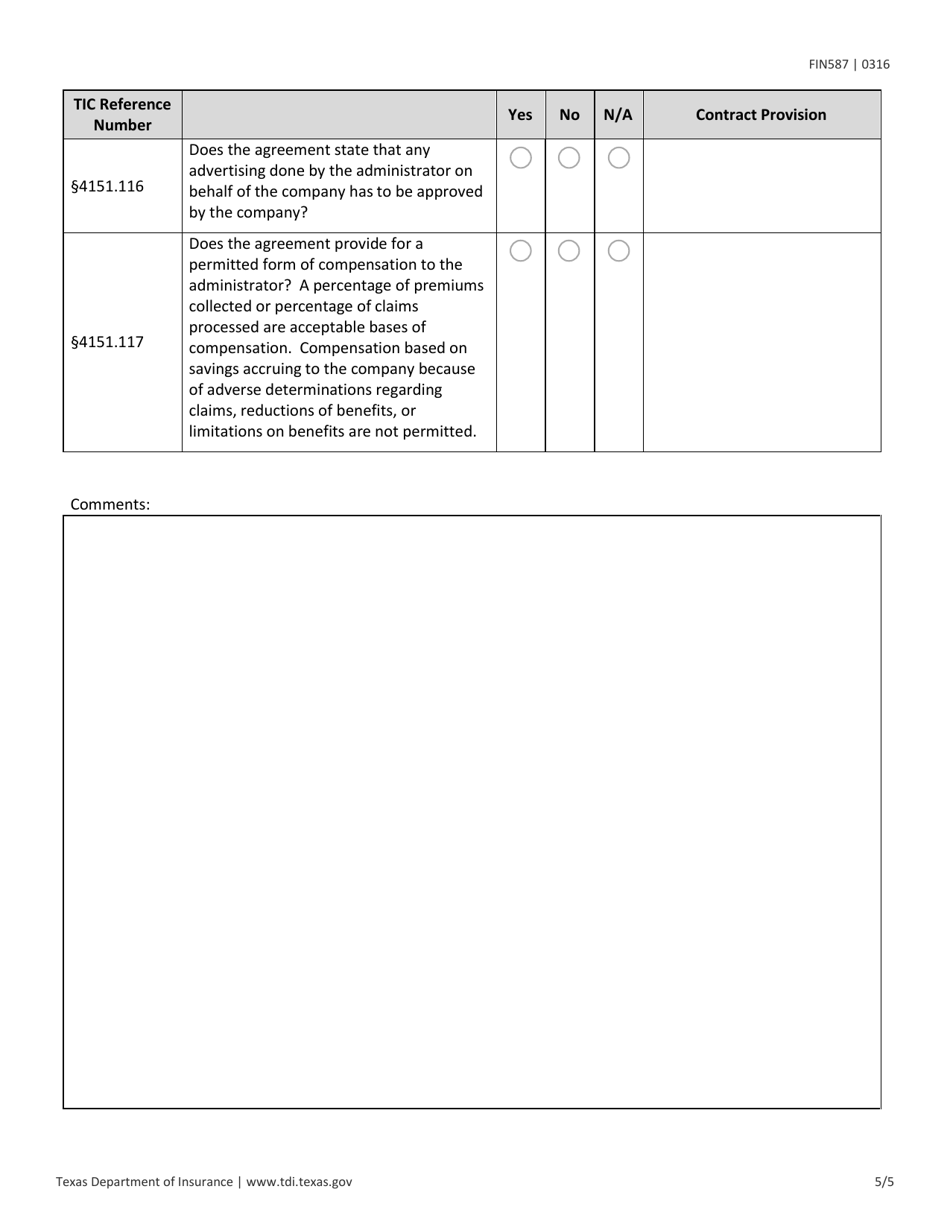 Form FIN587 Third Party Administrator (Tpa) Contract Review Checklist - Texas, Page 5