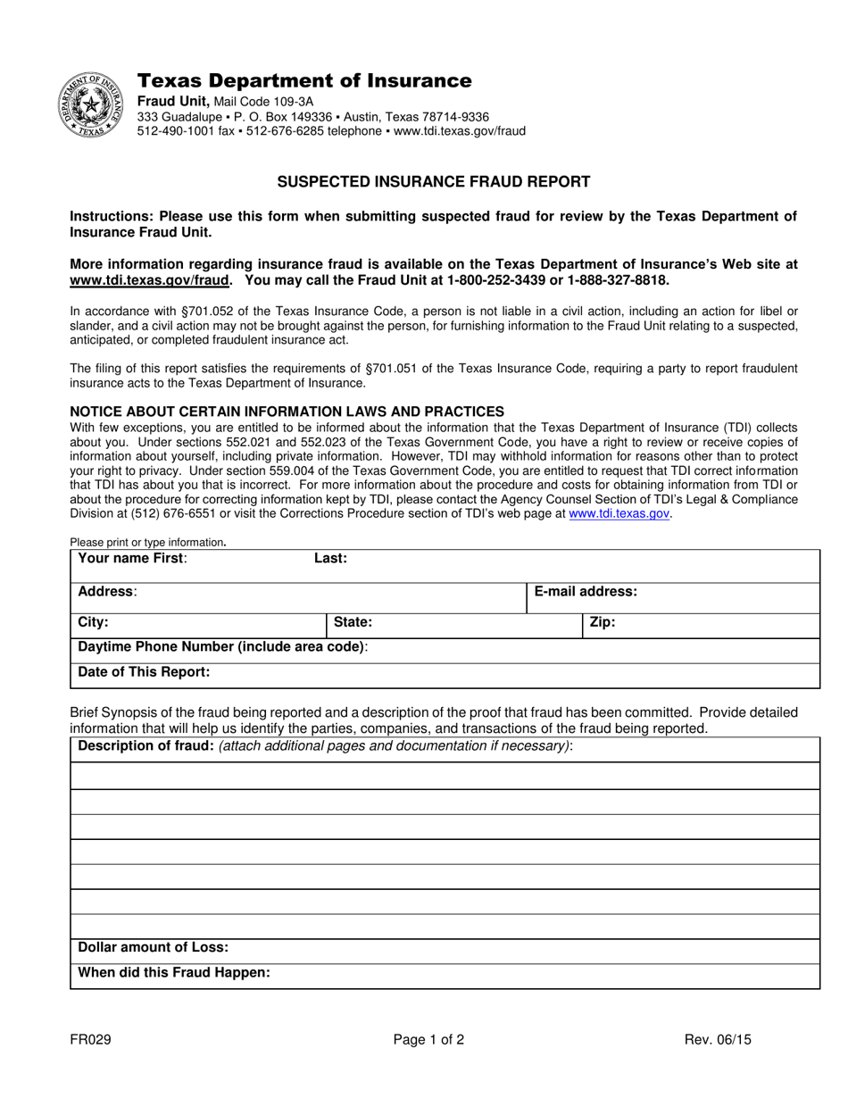 Form FR029 Suspected Insurance Fraud Report - Texas, Page 1