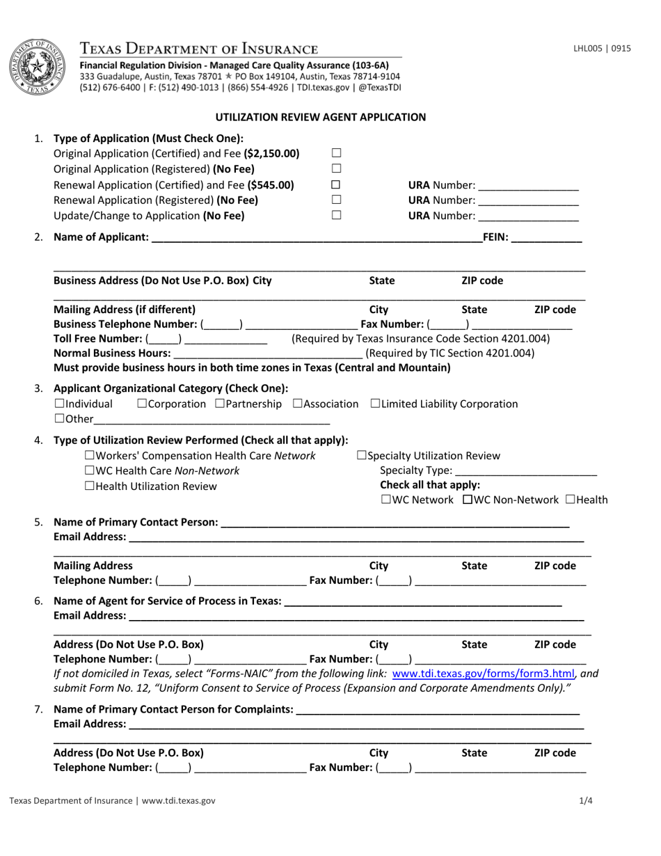 Form LHL005 Utilization Review Agent Application - Texas, Page 1