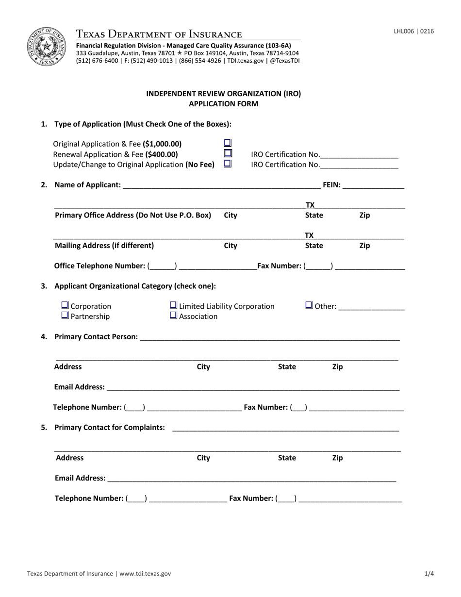Form LHL006 Independent Review Organization (Iro) Application Form - Texas, Page 1