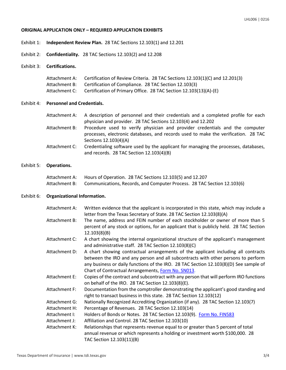 Form LHL006 Independent Review Organization (Iro) Application Form - Texas, Page 3