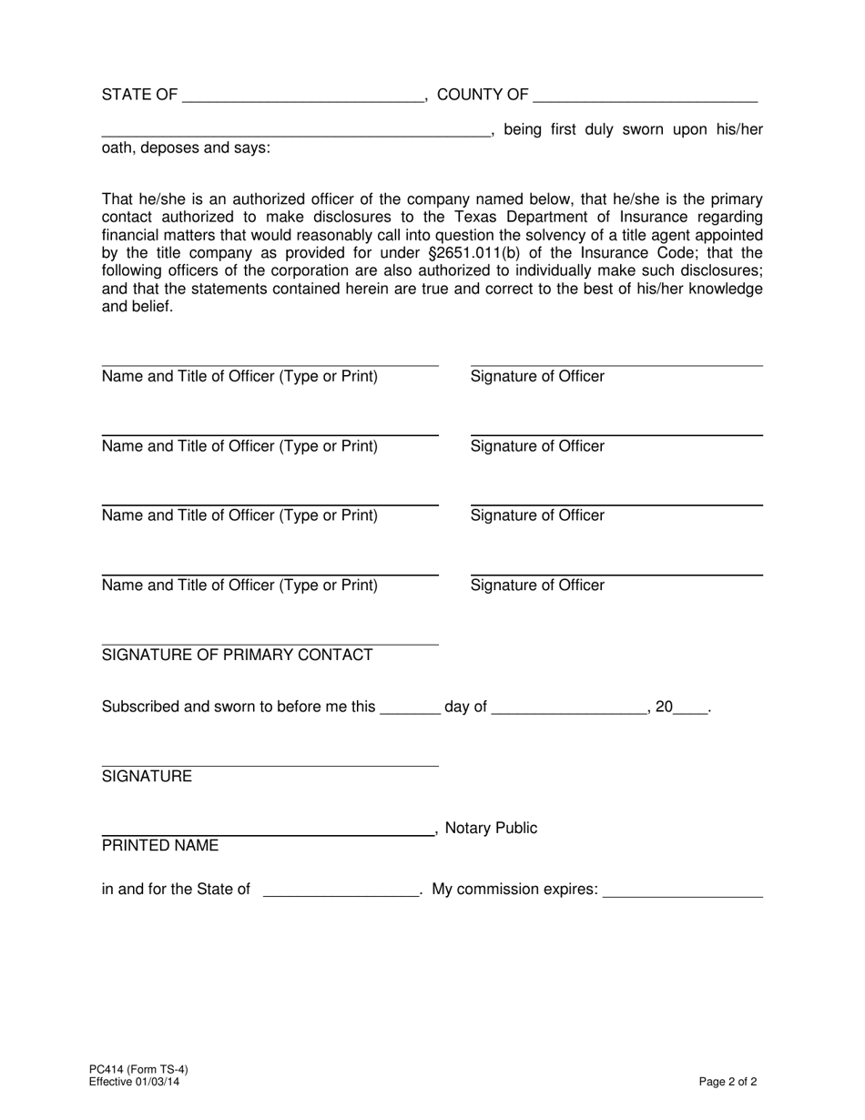 Form T-S4 (PC414) Annual Report of Title Companys Officers Authorized to Provide Information on Agent Financial Matters - Texas, Page 2