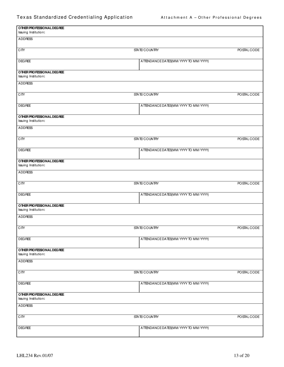 Form LHL234 Texas Standardized Credentialing Application - Texas, Page 13