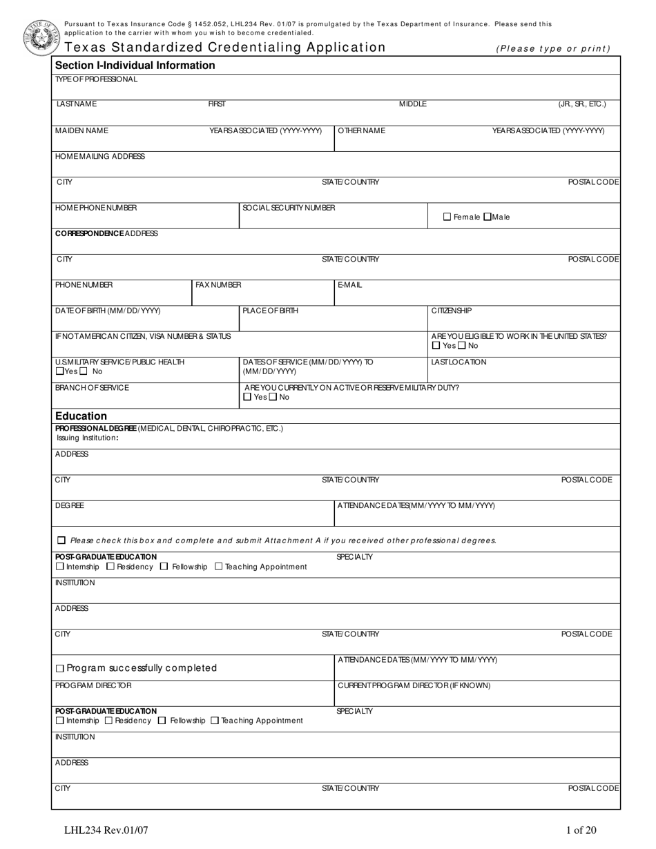 Form LHL234 Texas Standardized Credentialing Application - Texas, Page 1
