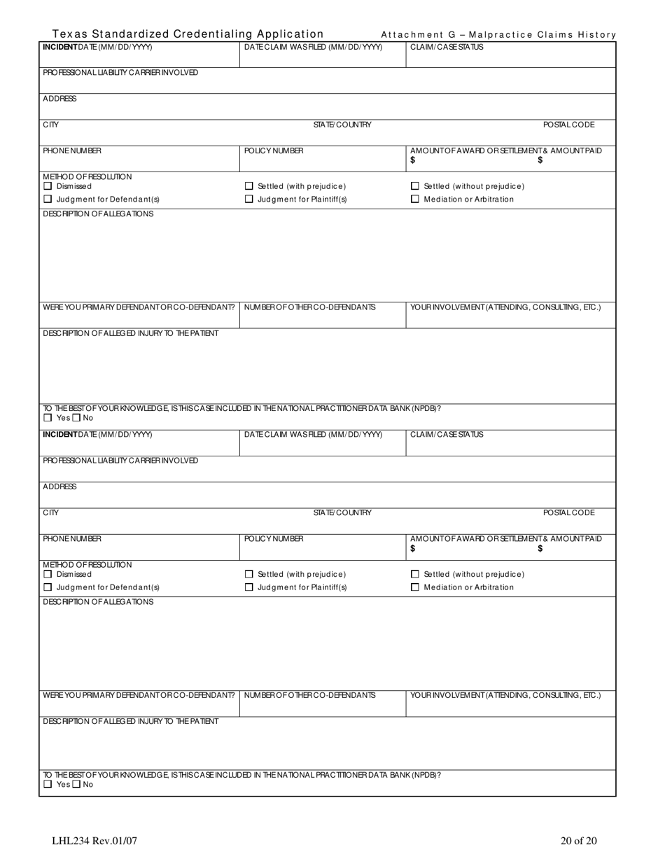 Form LHL234 Attachment G Texas Standardized Credentialing Application - Malpractice Claims History - Texas, Page 1
