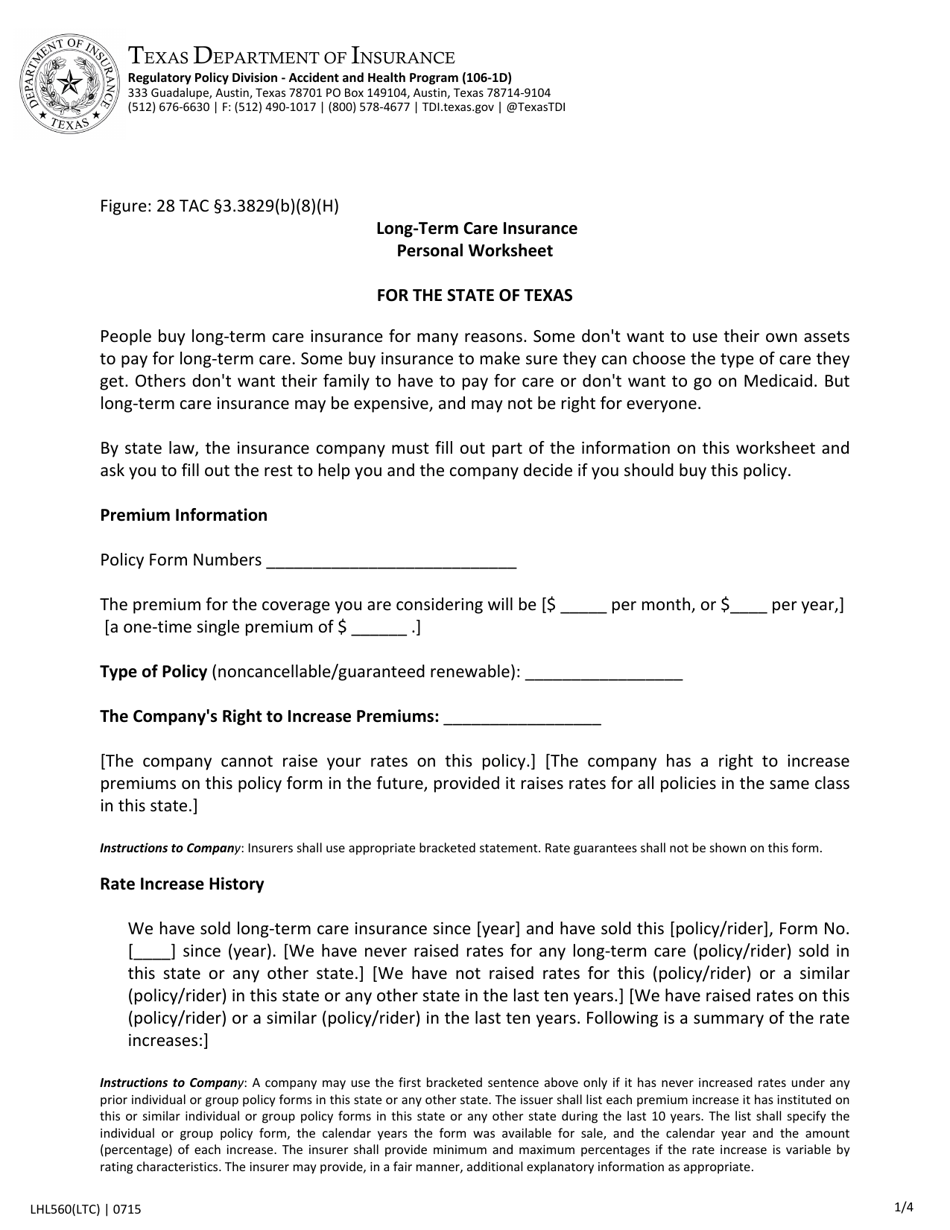 Form LHL560 Long-Term Care Insurance Personal Worksheet - Texas, Page 1