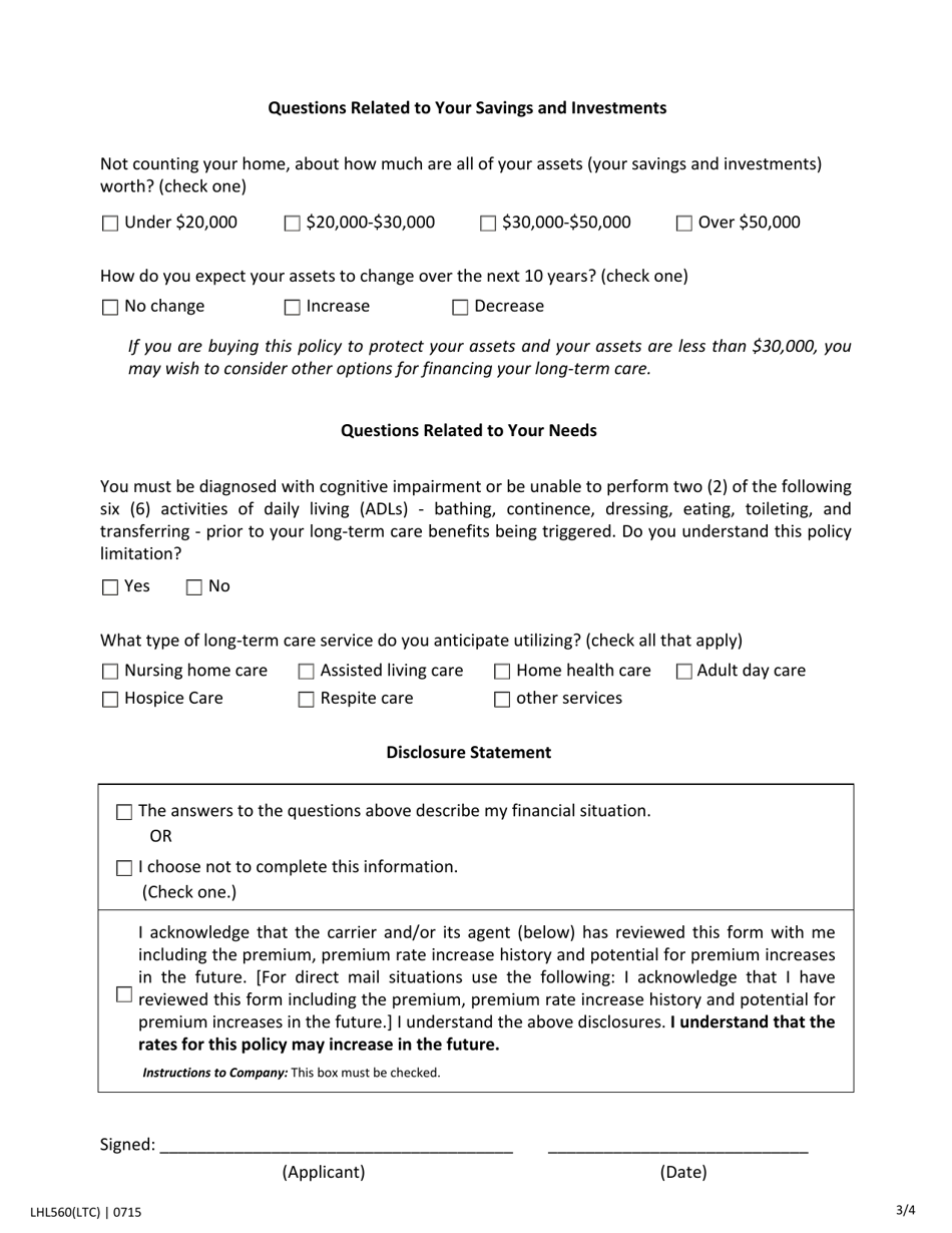 Form LHL560 Long-Term Care Insurance Personal Worksheet - Texas, Page 3