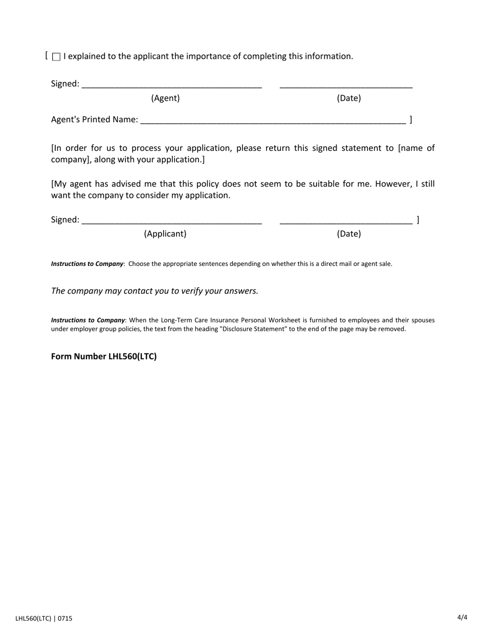Form LHL560 Long-Term Care Insurance Personal Worksheet - Texas, Page 4