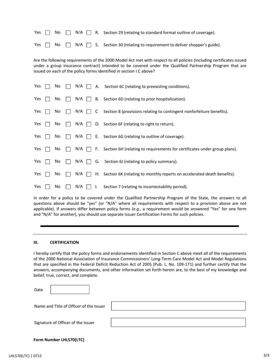 Form LHL570 Long-Term Care Partnership Program Insurer Certification Form - Texas, Page 3