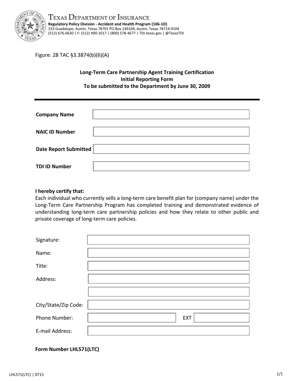 Form LHL571 Long-Term Care Partnership Agent Training Certification Initial Reporting Form - Texas, Page 1