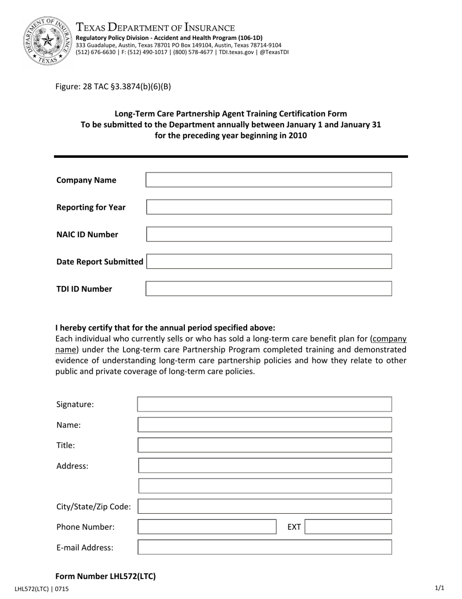 Form LHL572 Long-Term Care Partnership Agent Training Certification Form Annual Report - Texas, Page 1