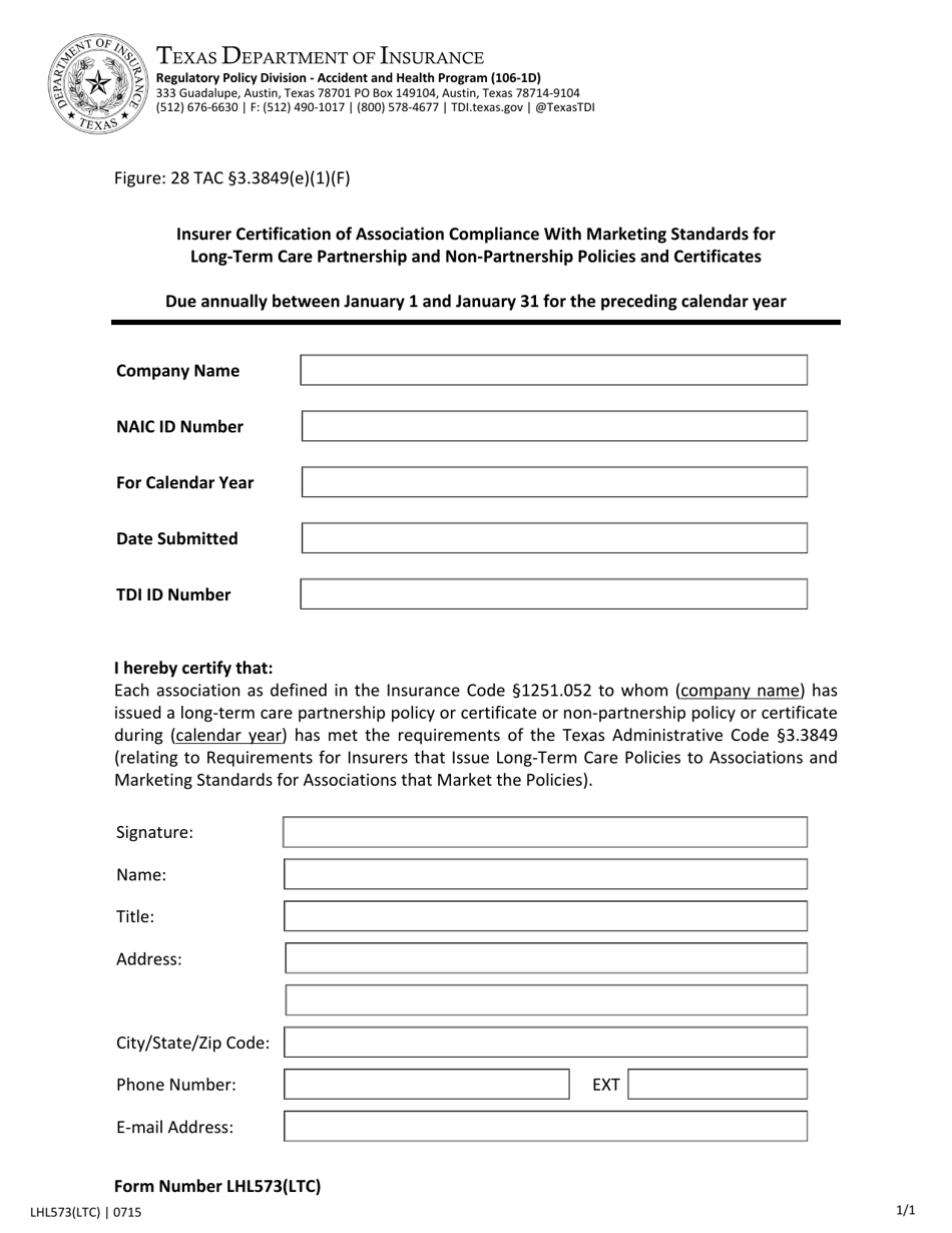 Form LHL573 Insurer Certification of Association Compliance With Marketing Standards for Long-Term Care Partnership and Non-partnership Policies and Certificates - Texas, Page 1