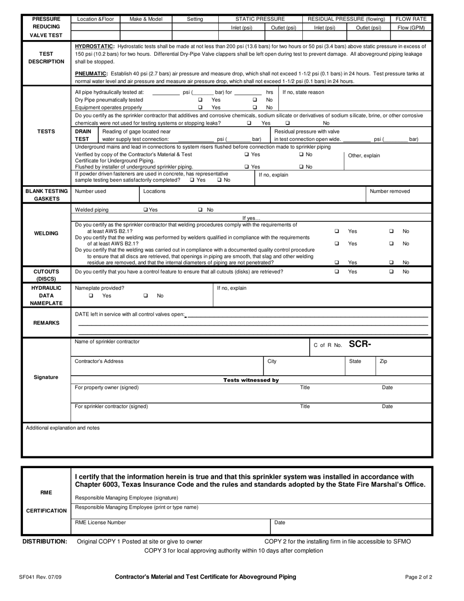 Form SF041 Contractors Material and Test Certificate for Aboveground Piping - Texas, Page 2
