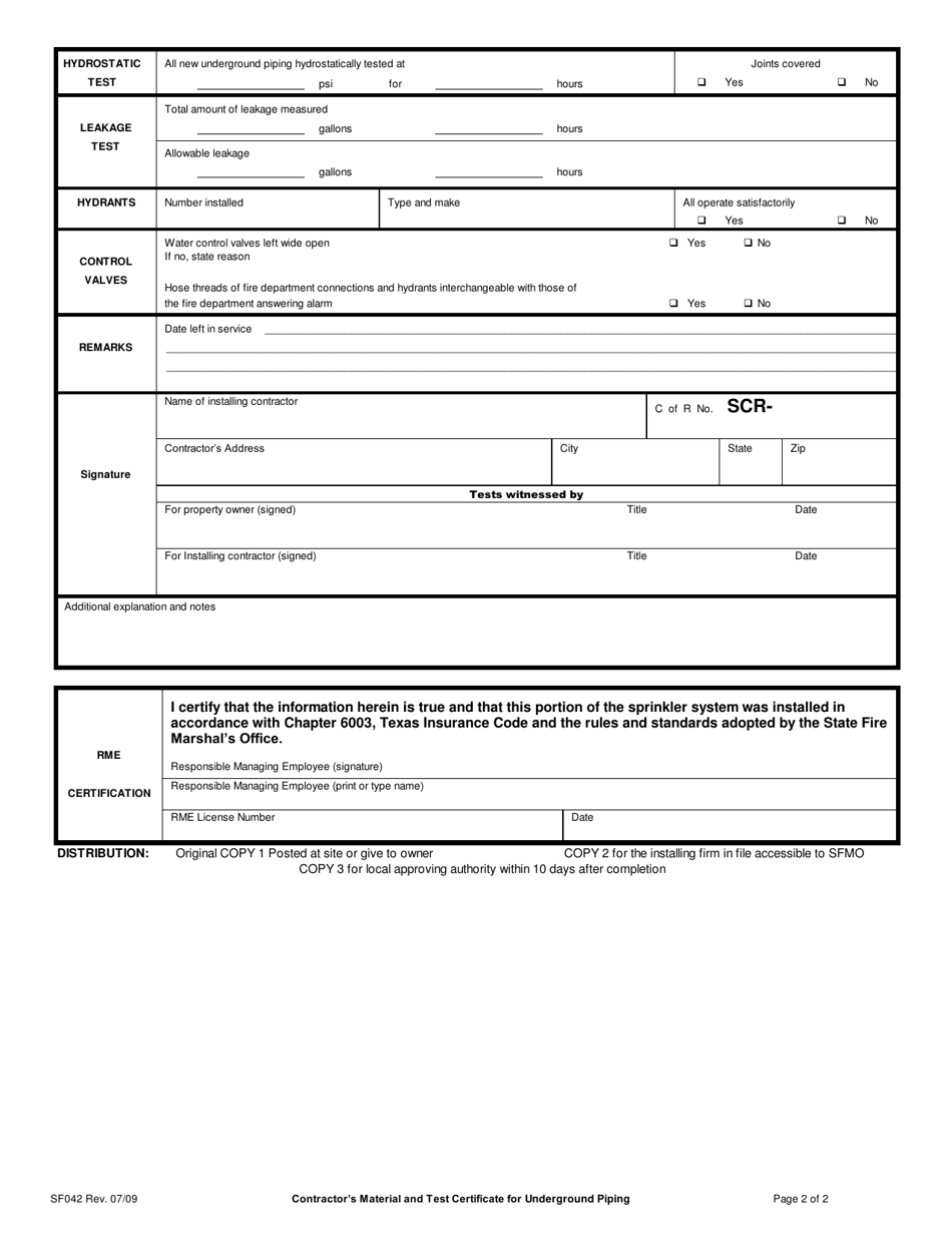 Form SF042 Contractors Material and Test Certificate for Underground Piping - Texas, Page 2