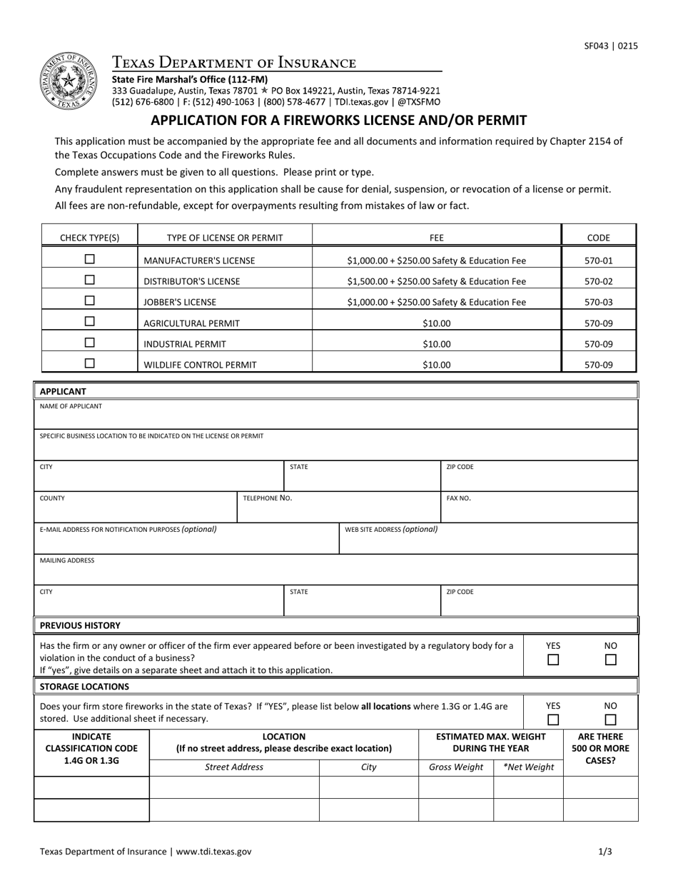 Form SF043 Application for a Fireworks License and / or Permit - Texas, Page 1