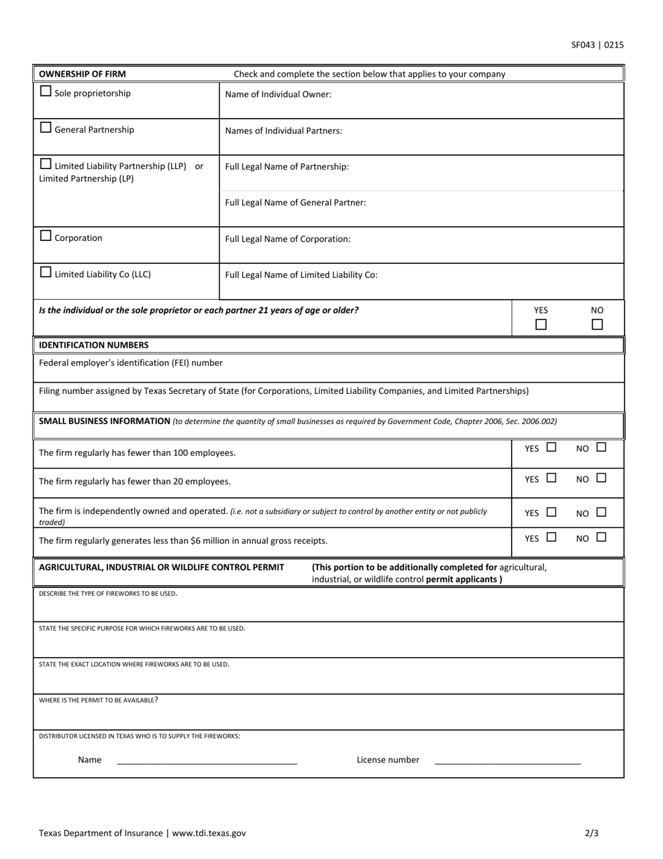 Form SF043 Application for a Fireworks License and / or Permit - Texas, Page 2
