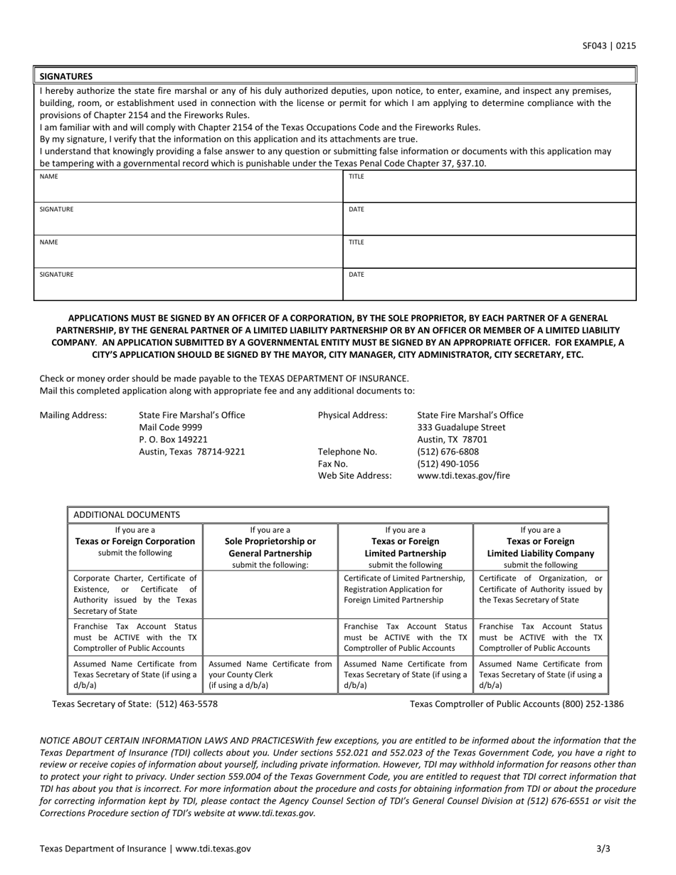 Form SF043 Application for a Fireworks License and / or Permit - Texas, Page 3