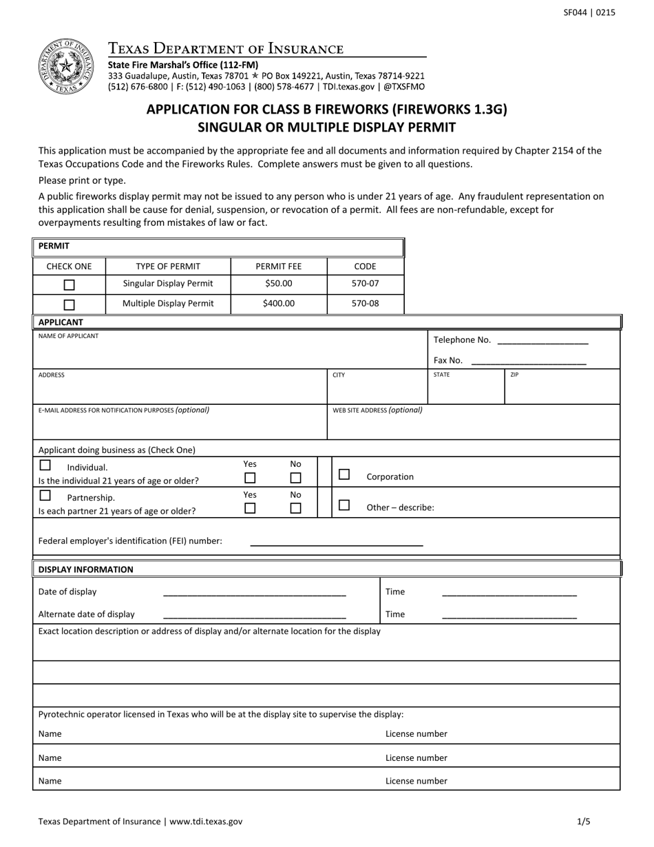 Form SF044 Application for Class B Fireworks (Fireworks 1.3g) Singular or Multiple Display Permit - Texas, Page 1