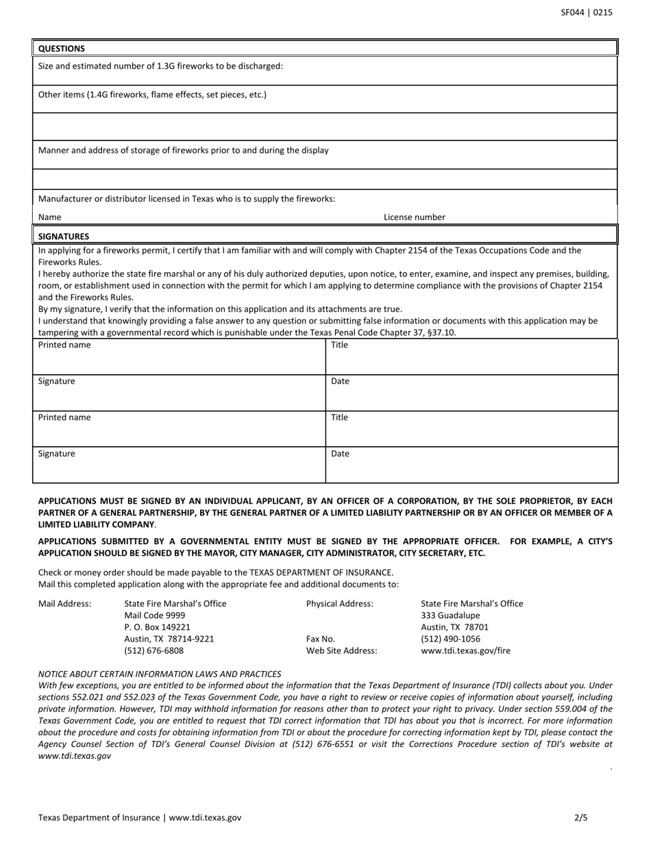 Form SF044 Application for Class B Fireworks (Fireworks 1.3g) Singular or Multiple Display Permit - Texas, Page 2