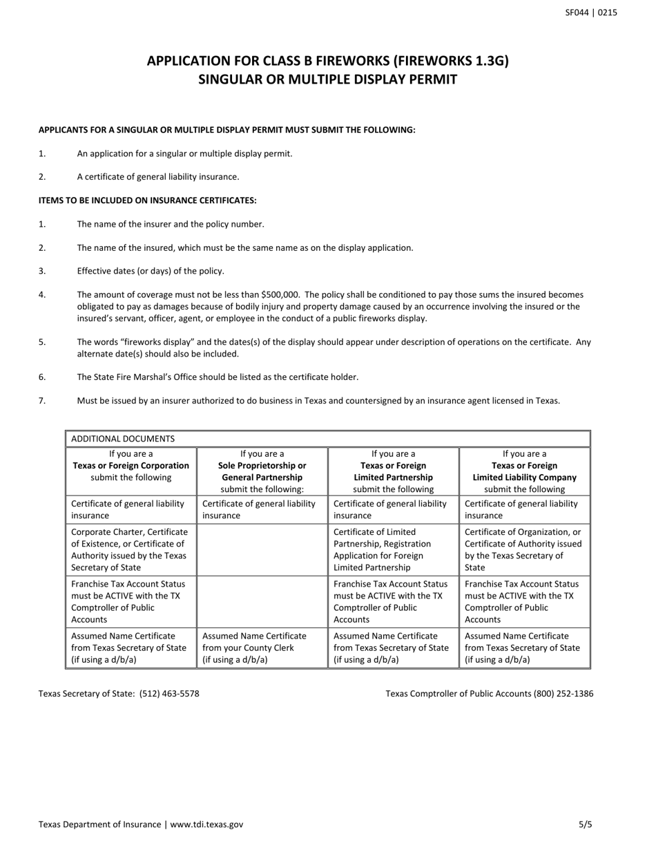 Form SF044 Application for Class B Fireworks (Fireworks 1.3g) Singular or Multiple Display Permit - Texas, Page 5