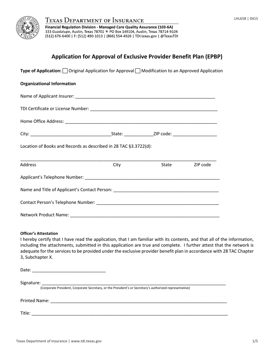 Form LHL658 Application for Approval of Exclusive Provider Benefit Plan (Epbp) - Texas, Page 1