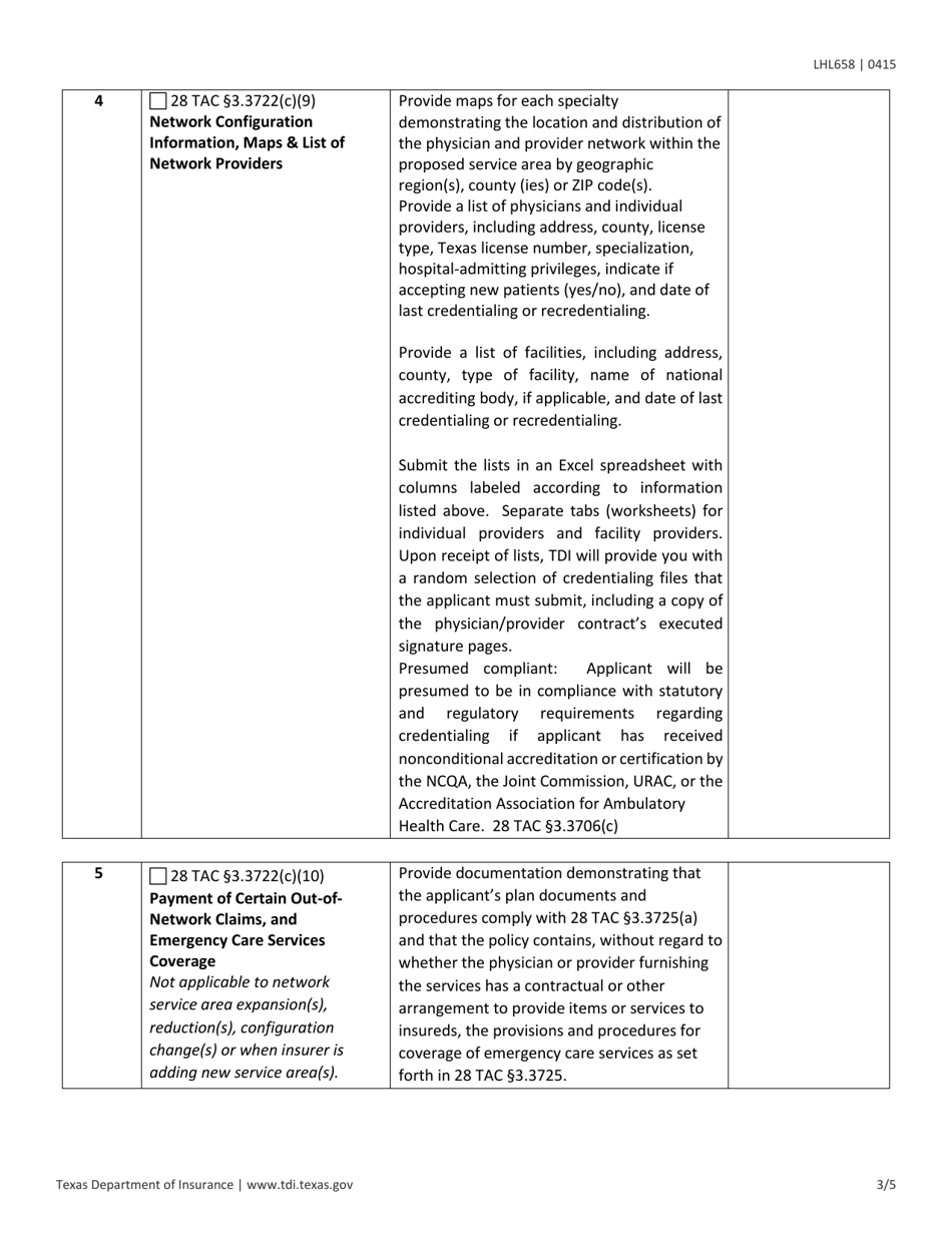 Form LHL658 Application for Approval of Exclusive Provider Benefit Plan (Epbp) - Texas, Page 3