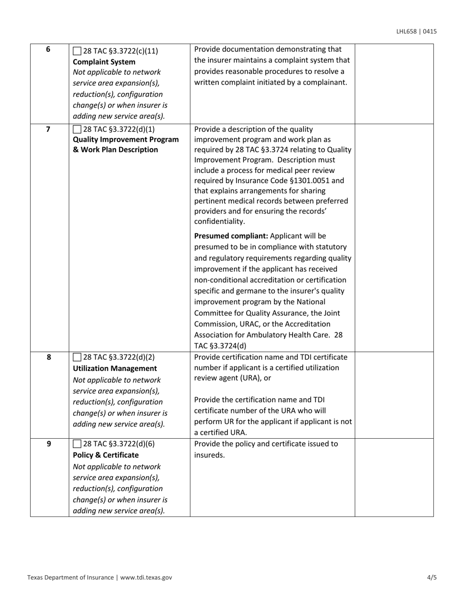 Form LHL658 Application for Approval of Exclusive Provider Benefit Plan (Epbp) - Texas, Page 4