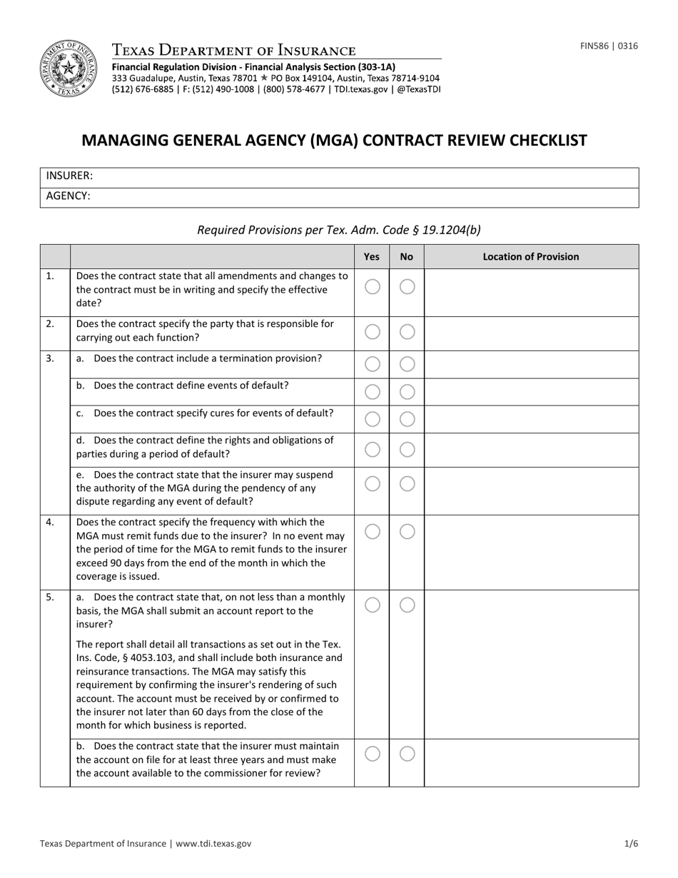 Form FIN586 Managing General Agency (Mga) Contract Review Checklist - Texas, Page 1