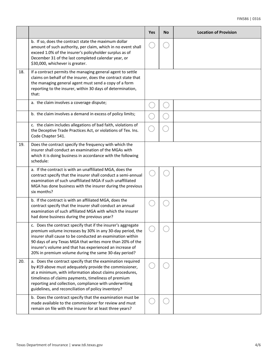 Form FIN586 Managing General Agency (Mga) Contract Review Checklist - Texas, Page 4
