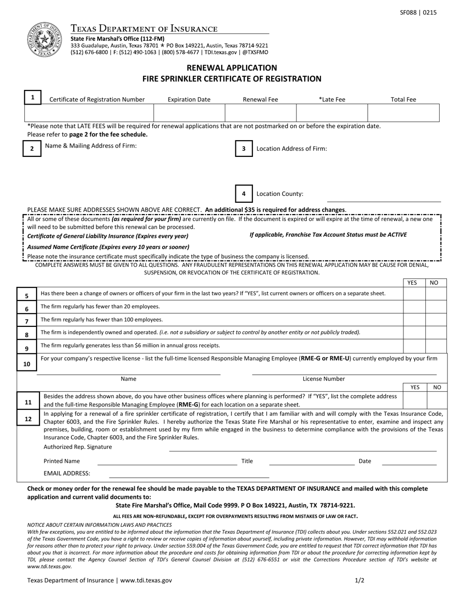 Form SF088 Renewal Application - Fire Sprinkler Certificate of Registration - Texas, Page 1