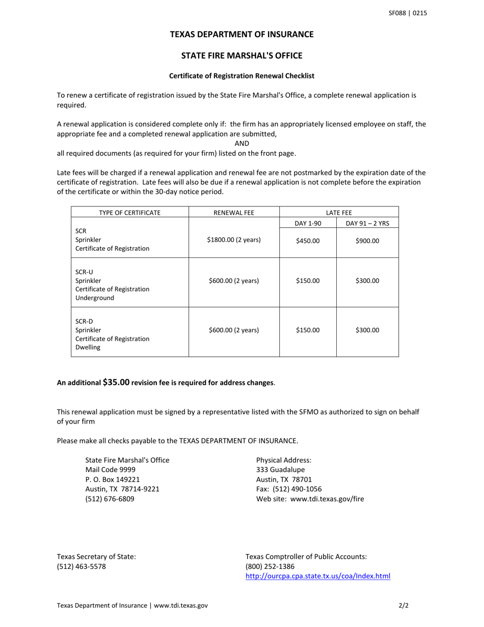 Form SF088 Renewal Application - Fire Sprinkler Certificate of Registration - Texas, Page 2