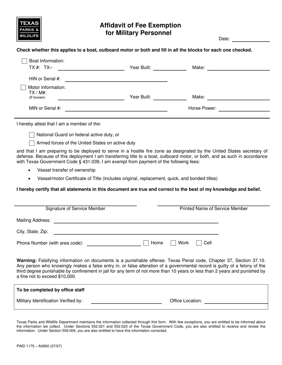 Form PWD1175 Affidavit of Fee Exemption for Military Personnel - Texas, Page 1