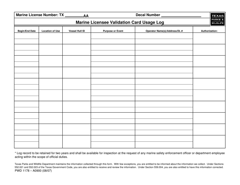 Form PWD1178 Marine Licensee Validation Card Usage Log - Texas, Page 1