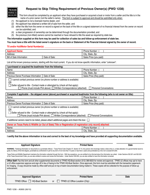 Form PWD1238 Request to Skip Titling Requirement of Previous Owner(S) - Texas
