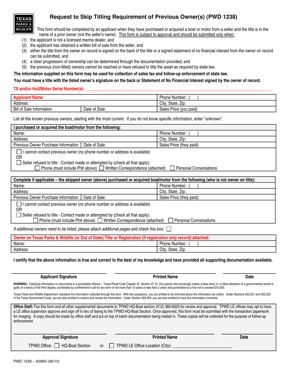 Form PWD1238 Request to Skip Titling Requirement of Previous Owner(S) - Texas, Page 1