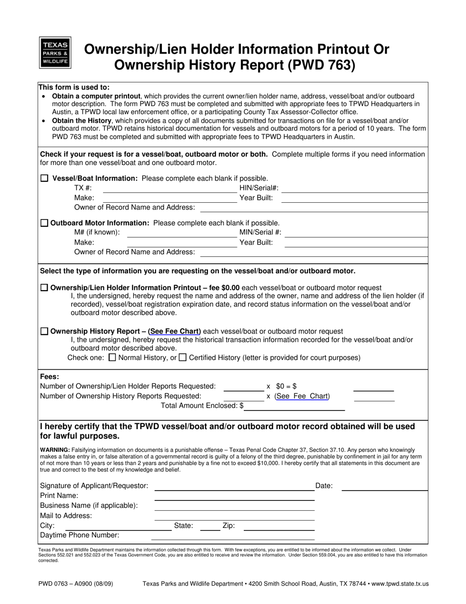 Form PWD763 Ownership / Lien Holder Information Printout or Ownership History Report - Texas, Page 1