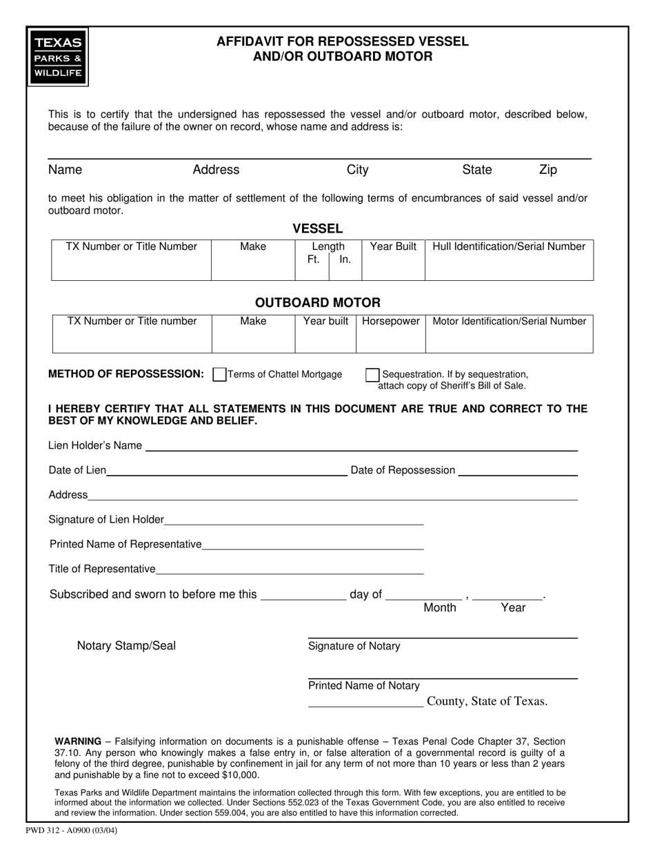 Form PWD312 Affidavit for Repossessed Vessel and / or Outboard Motor - Texas, Page 1